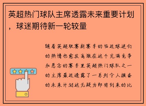 英超热门球队主席透露未来重要计划，球迷期待新一轮较量